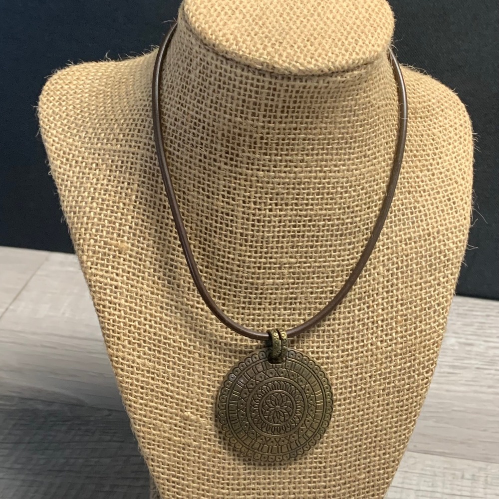 Boho Antique Brass Tone Medallion Pendant Necklace Brown Cord 16 Inch Adjustable
